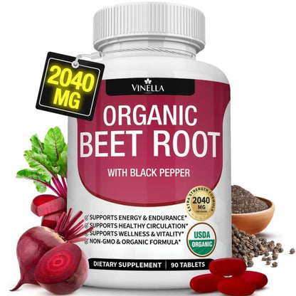 Organic Beet Root Powder Tablets 2040mg with Black Pepper Extract